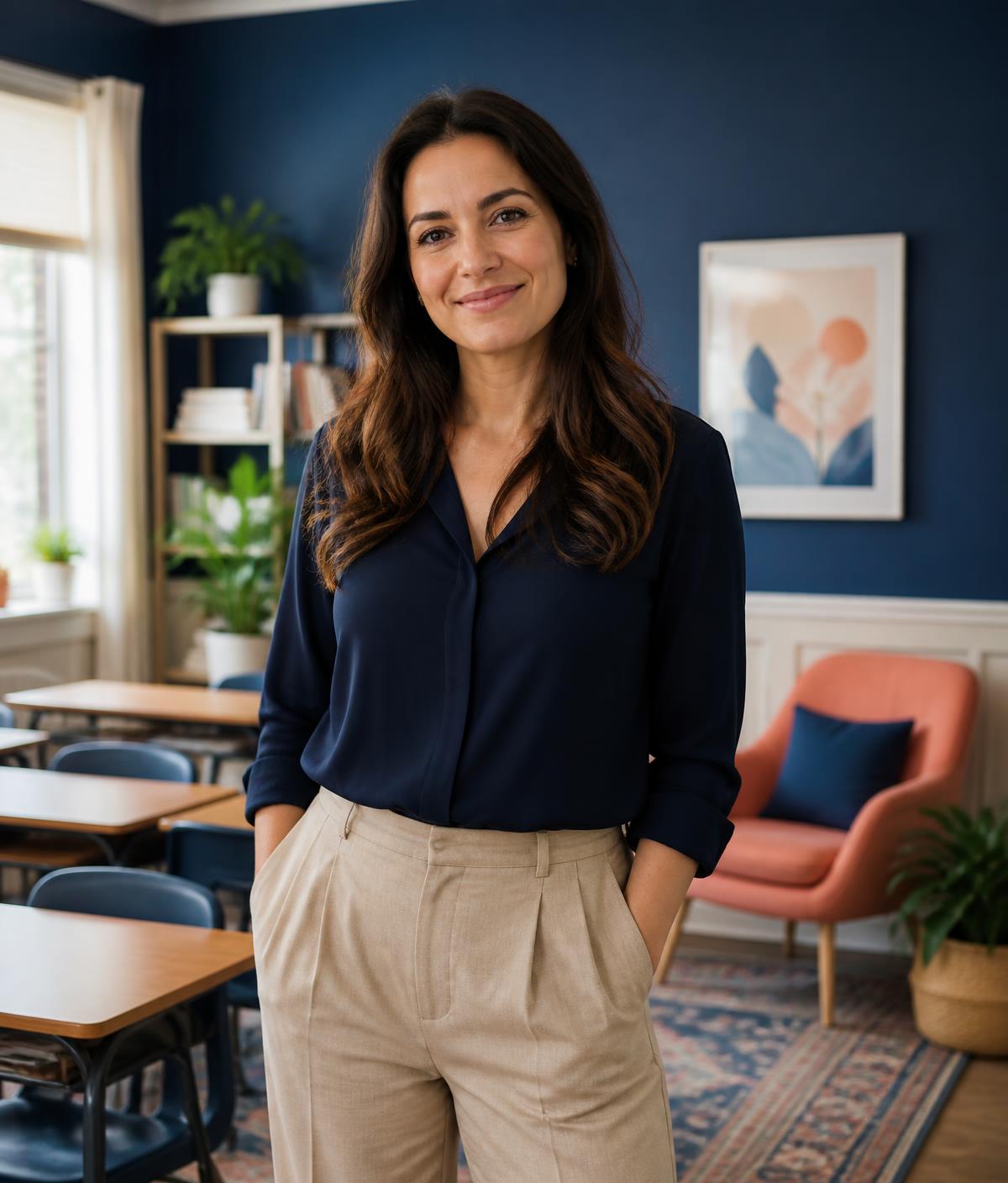 An educator standing in the small bright classroom she founded