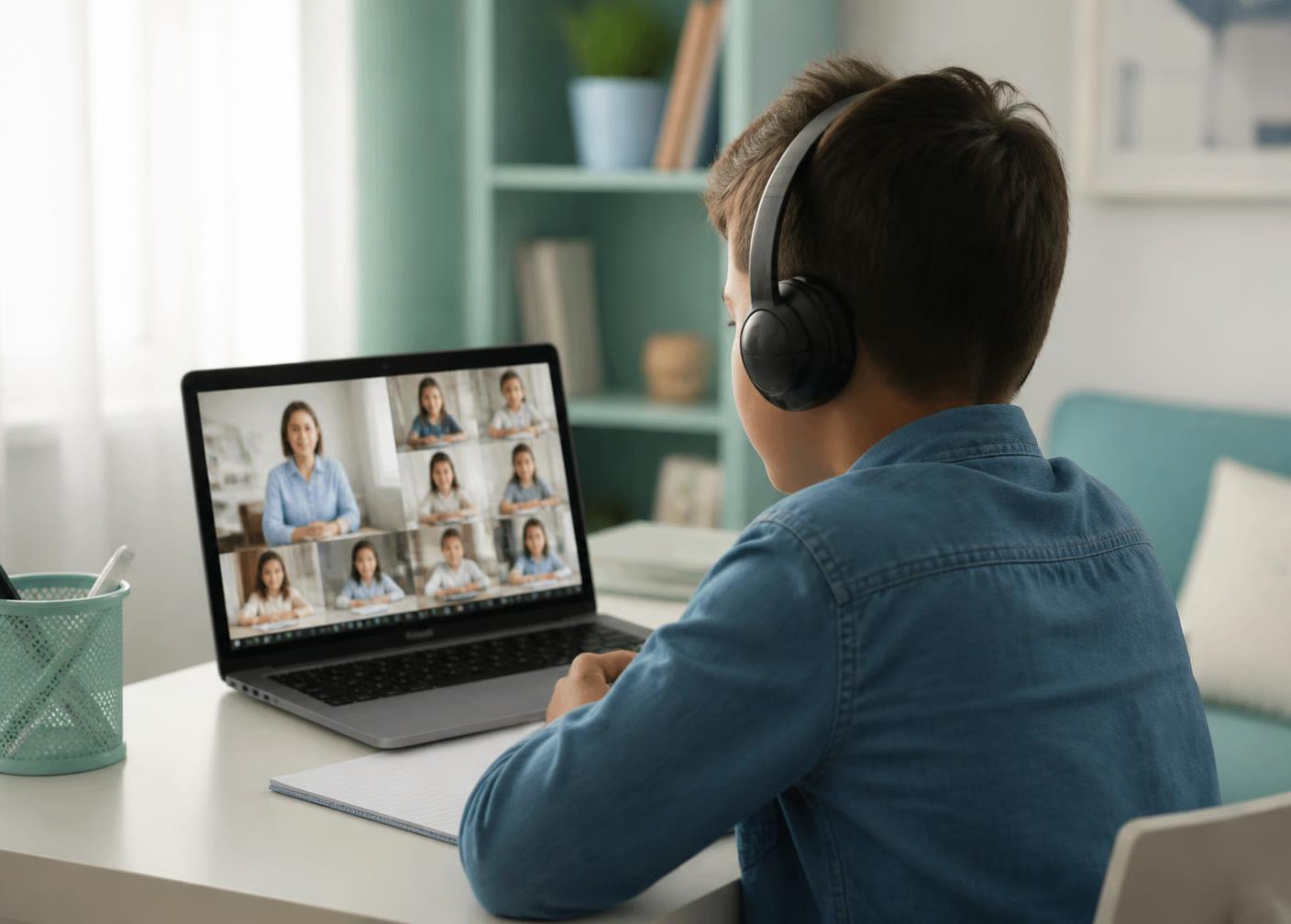 A child at home joining a live online class on a laptop with headphones