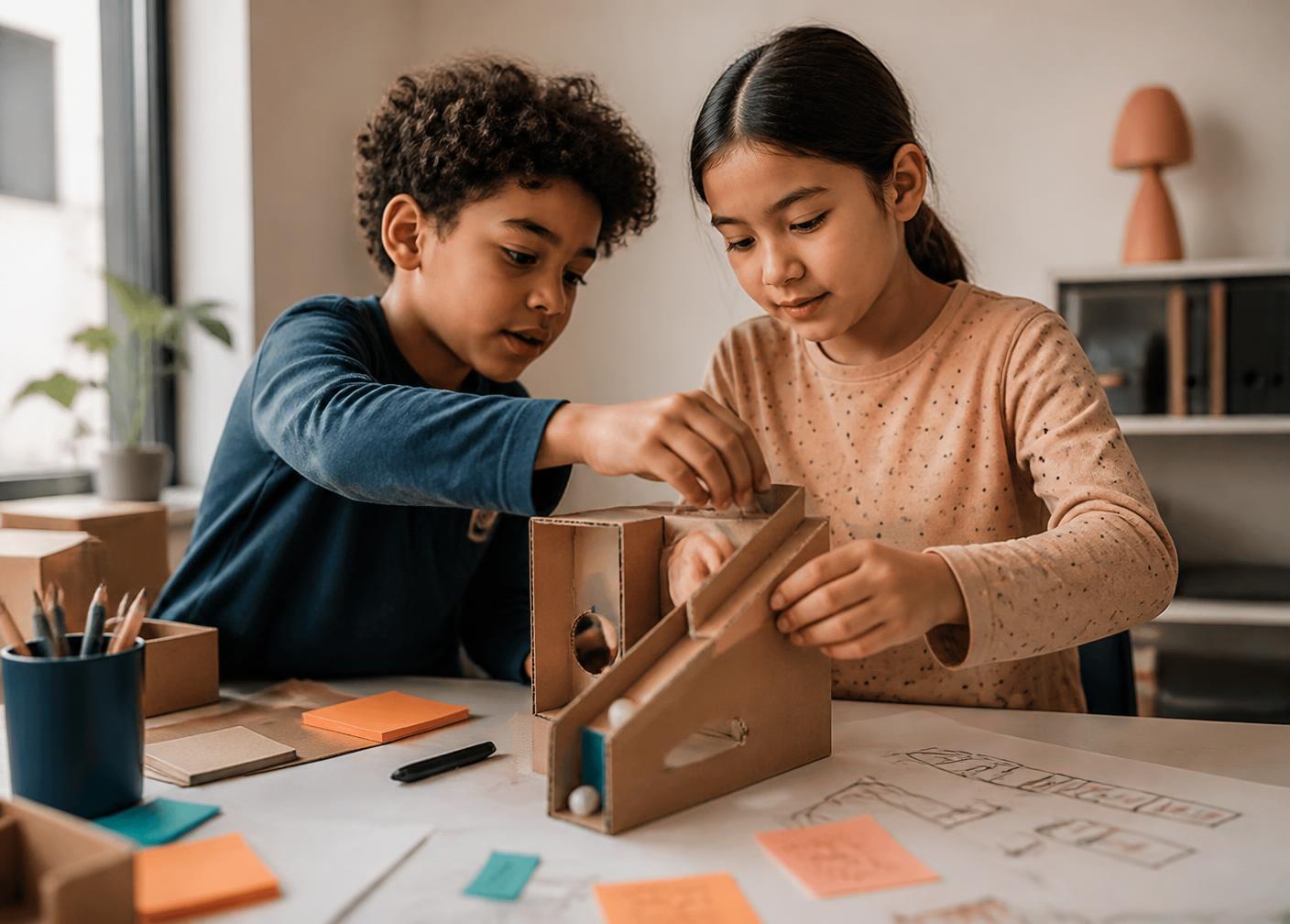 Two children building a cardboard prototype together with sketches and sticky notes on the table